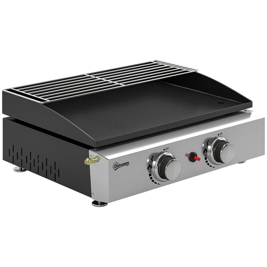 Photo of Outsunny 2 Burner Grill Griddle, Portable Gas Plancha with Warming Rack, 5 kW, Tabletop Gas BBQ with Grease Cup, Black in Black colour on a white background