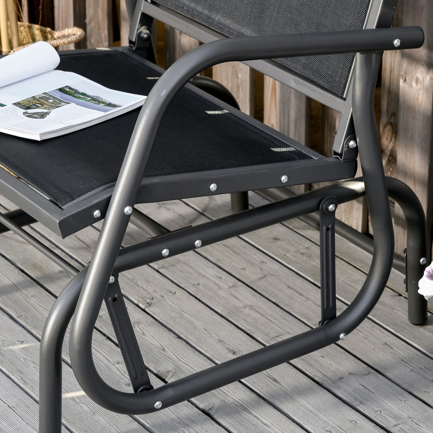 Outsunny Outdoor Garden Glider Chair, Metal Frame Single Armchair Swing Seater w/ Breath Mesh Fabric Seat, Curved Backrest, Armrests, for Living Room, Patio, Porch, Dark Grey