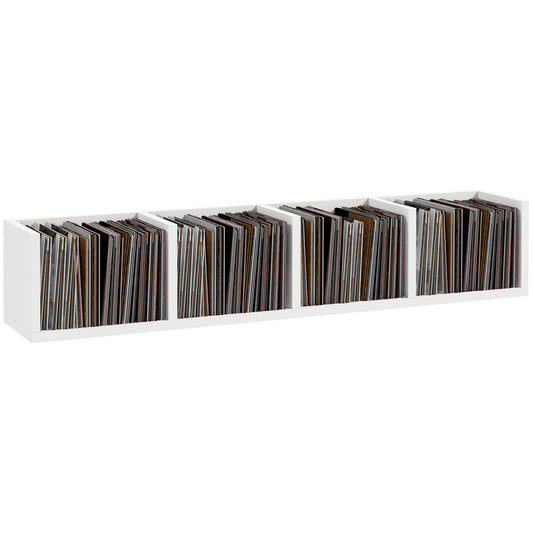 White four-cube media shelf filled with records