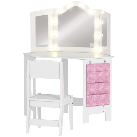 Photo of AIYAPLAY Kids Dressing Table and Stool Set, Girls Vanity Table with 2-Colour LED Lights, Tri-Folding Mirror, White in White colour on a white background