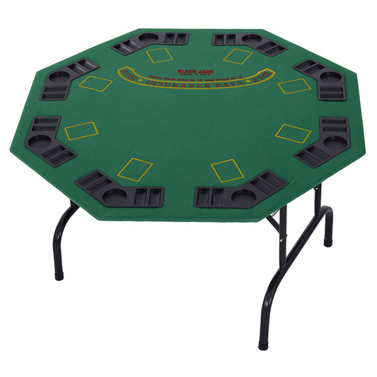 Green octagonal poker table with eight player stations, cup holders and black steel legs