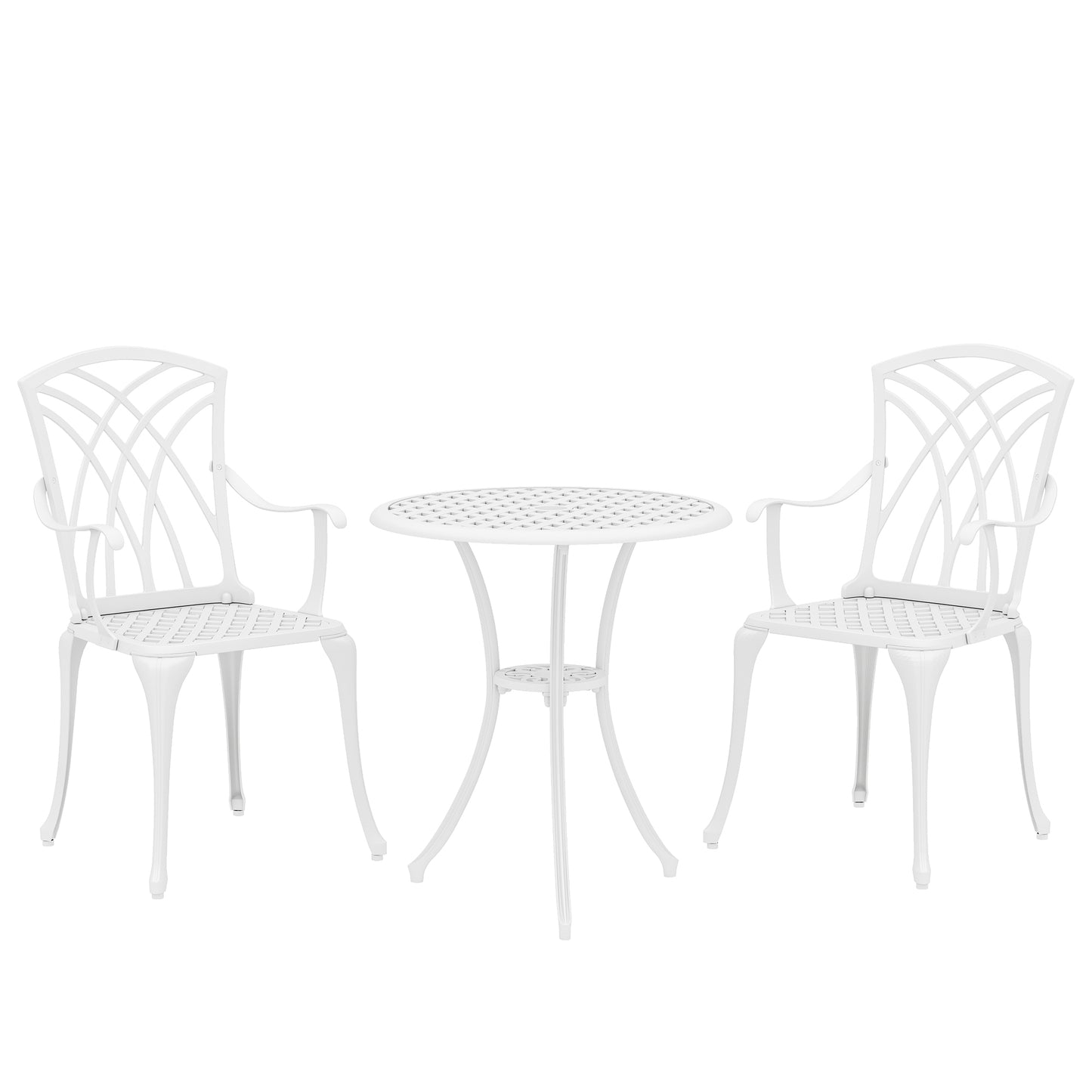 Photo of Outsunny 3 Pieces Garden Bistro Set, Cast Aluminium Outdoor Dining Set with 2 Chairs and Round Table with Parasol Hole, White in White colour on a white background