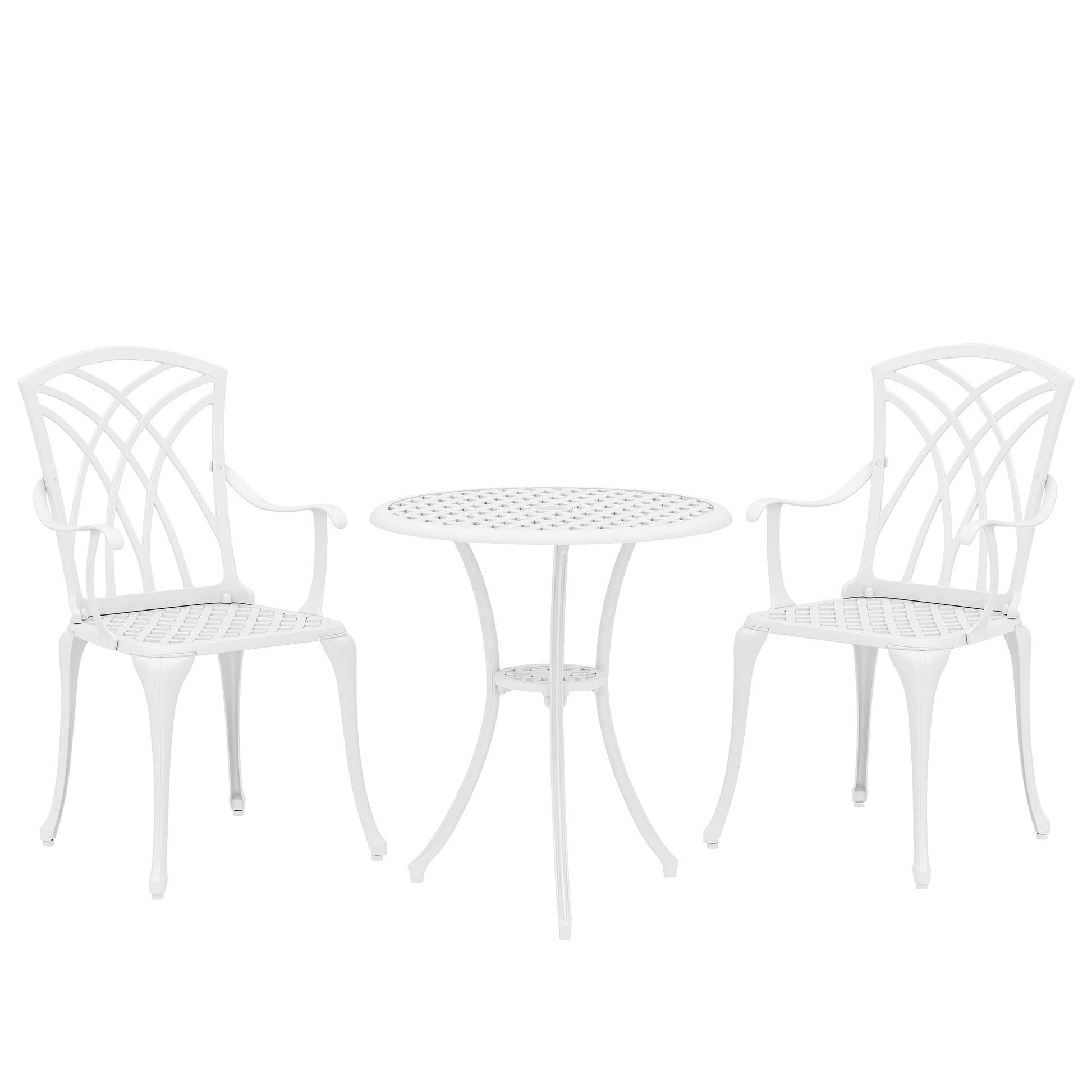 Photo of Outsunny 3 Pieces Garden Bistro Set, Cast Aluminium Outdoor Dining Set with 2 Chairs and Round Table with Parasol Hole, White in White colour on a white background