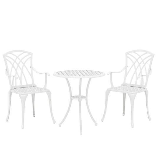 Photo of Outsunny 3 Pieces Garden Bistro Set, Cast Aluminium Outdoor Dining Set with 2 Chairs and Round Table with Parasol Hole, White in White colour on a white background