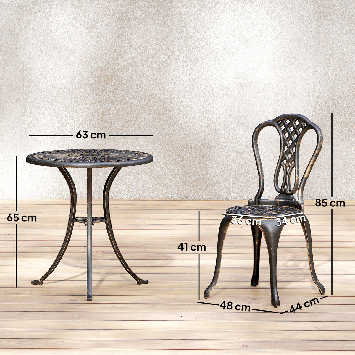 Outsunny 3 Piece Patio Cast Aluminium Bistro Set Garden Outdoor Furniture Table and Chairs Shabby Chic Style, Bronze Tone