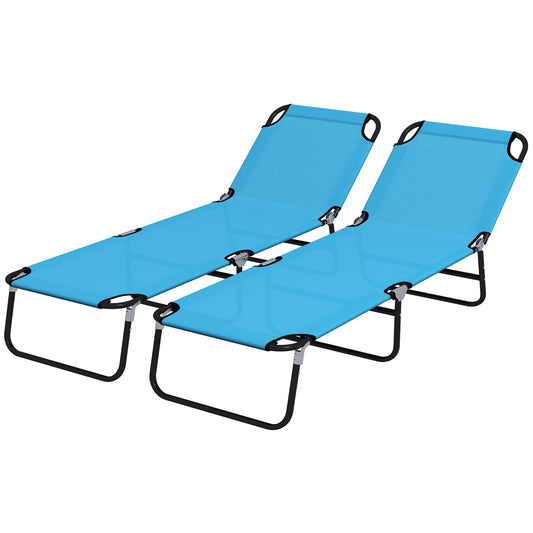 Photo of Outsunny Foldable Sun Lounger Set of 2 with 5-Position Adjustable Backrest, Outdoor Portable Recliner Chaise Lounge Chair with Breathable Mesh Fabric, Sky Blue in Blue colour on a white background