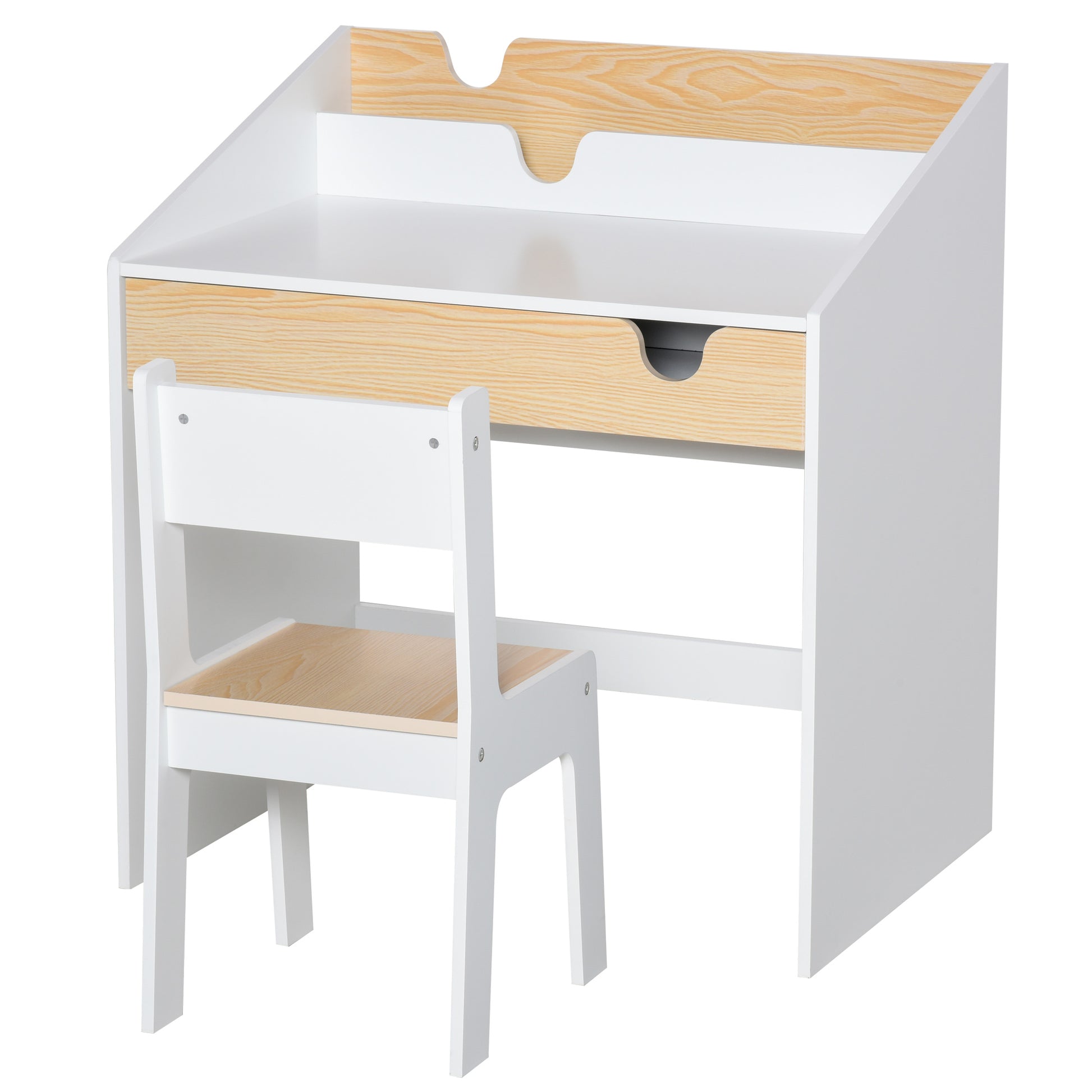 Photo of HOMCOM Kids Desk and Chair Set 2 Pieces Children Study Table with Storage Pull-Out Drawer Bookshelf for 3-6 Years Writing, Reading, Drawing in Drawing colour on a white background