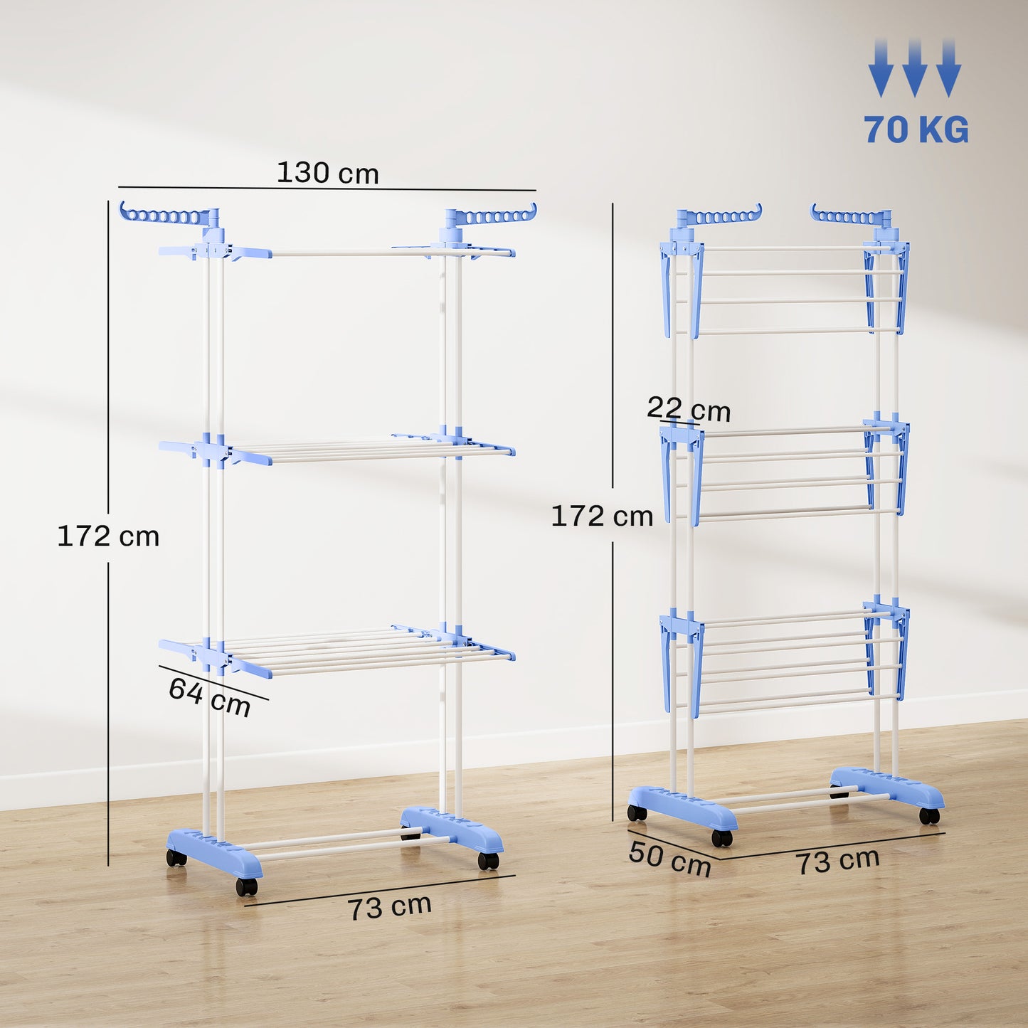 HOMCOM Foldable Clothes Drying Rack, 4-Tier Steel Garment Laundry Rack with Castors for Indoor and Outdoor Use, Blue