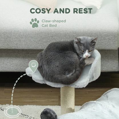 Grey cat tree bed with a cat resting on the raised perch