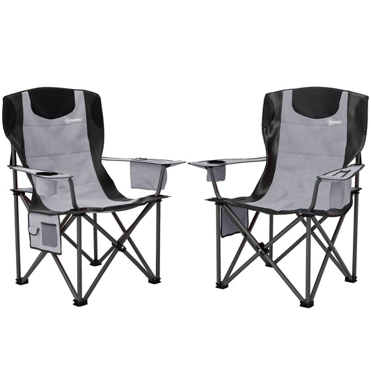 Photo of Outsunny Set of 2 Folding Camping Chairs, Padded Camping Chairs with Adjustable Armrests, Portable & Lightweight Folding Camp Chair with Cooler Bag, Cup Holder and Side Pockets, Grey in Grey colour on a white background