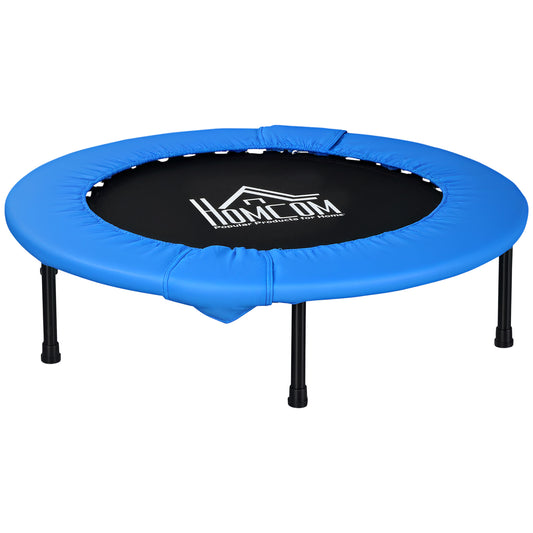 HOMCOM mini fitness trampoline with blue safety pad, black jumping surface, and metal legs