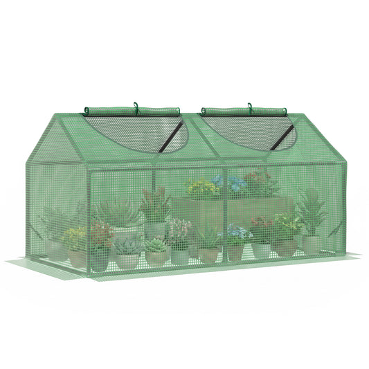 Outsunny green mini greenhouse with mesh PE cover and two roll-up roof windows