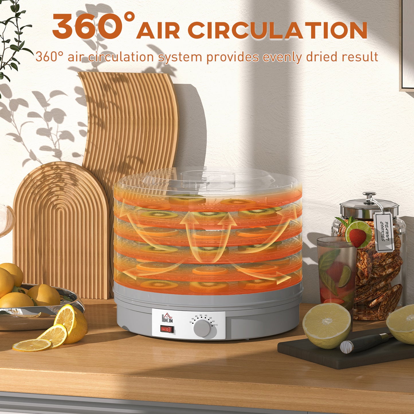 HOMCOM 5 Tier Food Dehydrator, 245W Food Dryer Machine with Adjustable Temperature Control for Drying Fruit, Meat, Vegetable, Jerky and Pet Treat, Grey