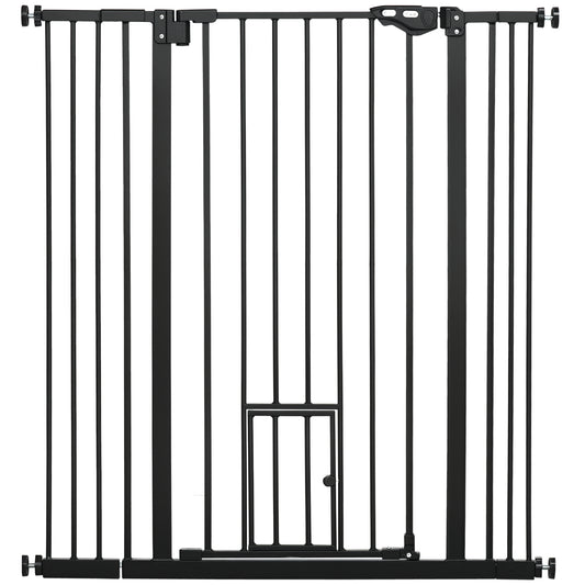 Photo of PawHut Extra Tall Pet Gate, Indoor Dog Safety Gate, with Cat Flap, Auto Close, 74-101cm Wide - Black in Black colour on a white background