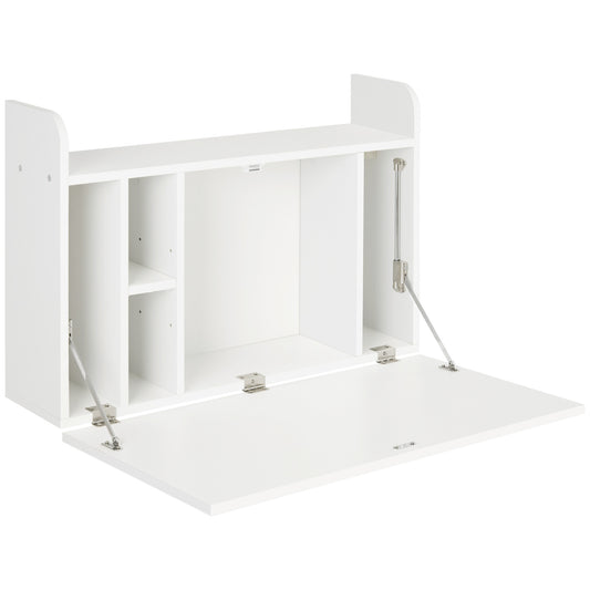 Photo of HOMCOM Wall Mounted Table, Drop Leaf Floating Laptop Desk with Space Saving Storage Compartments for Home Office and Study, 77cm x 20cm x 51cm, White in White colour on a white background