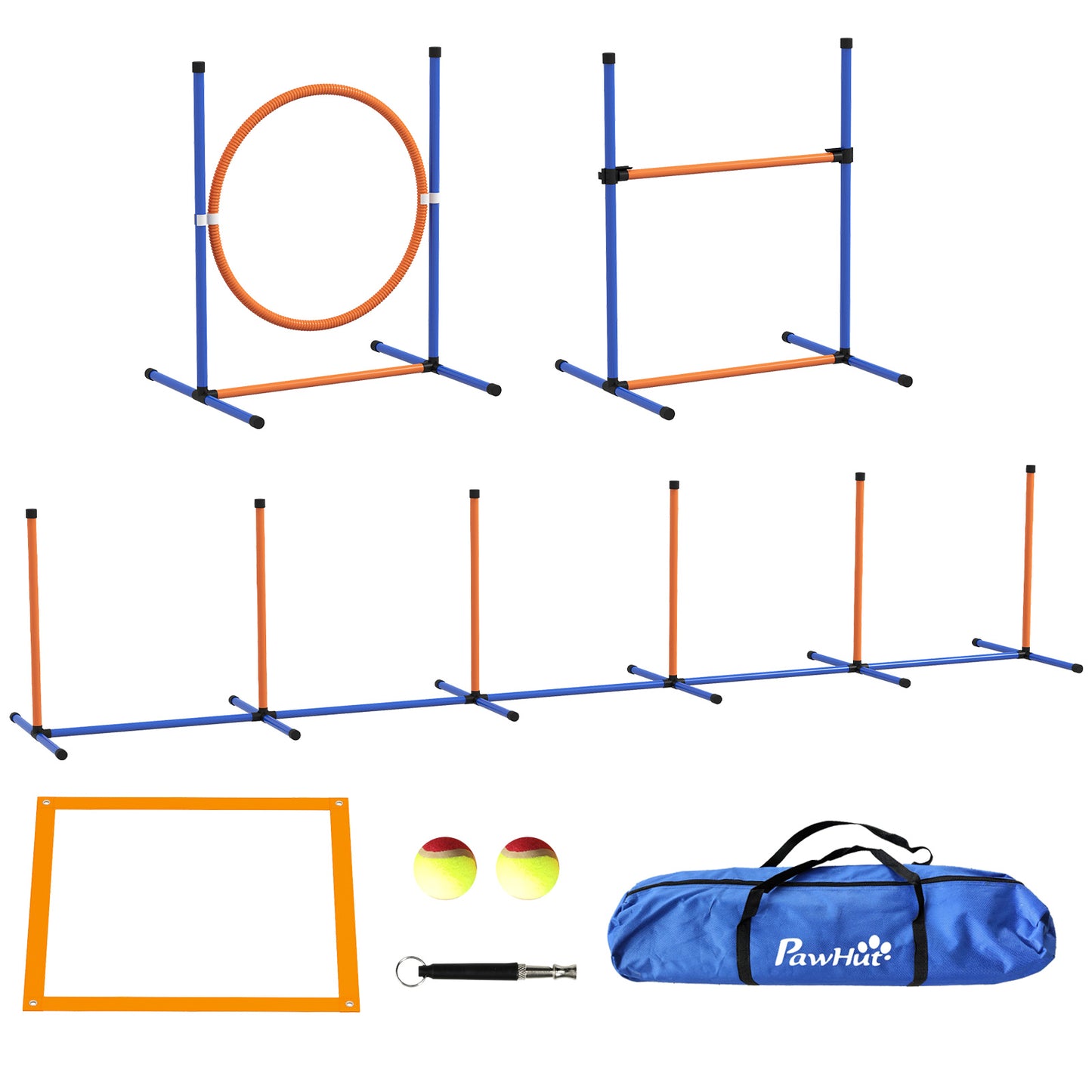 Photo of PawHut Dog Agility Training Equipment with Weave Poles, Jump Ring, Pause Box, Adjustable Hurdle, Carry Bag, Orange in Orange colour on a white background