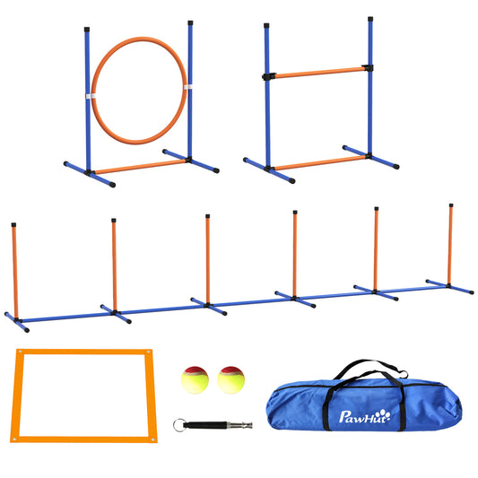 Photo of PawHut Dog Agility Training Equipment with Weave Poles, Jump Ring, Pause Box, Adjustable Hurdle, Carry Bag, Orange in Orange colour on a white background