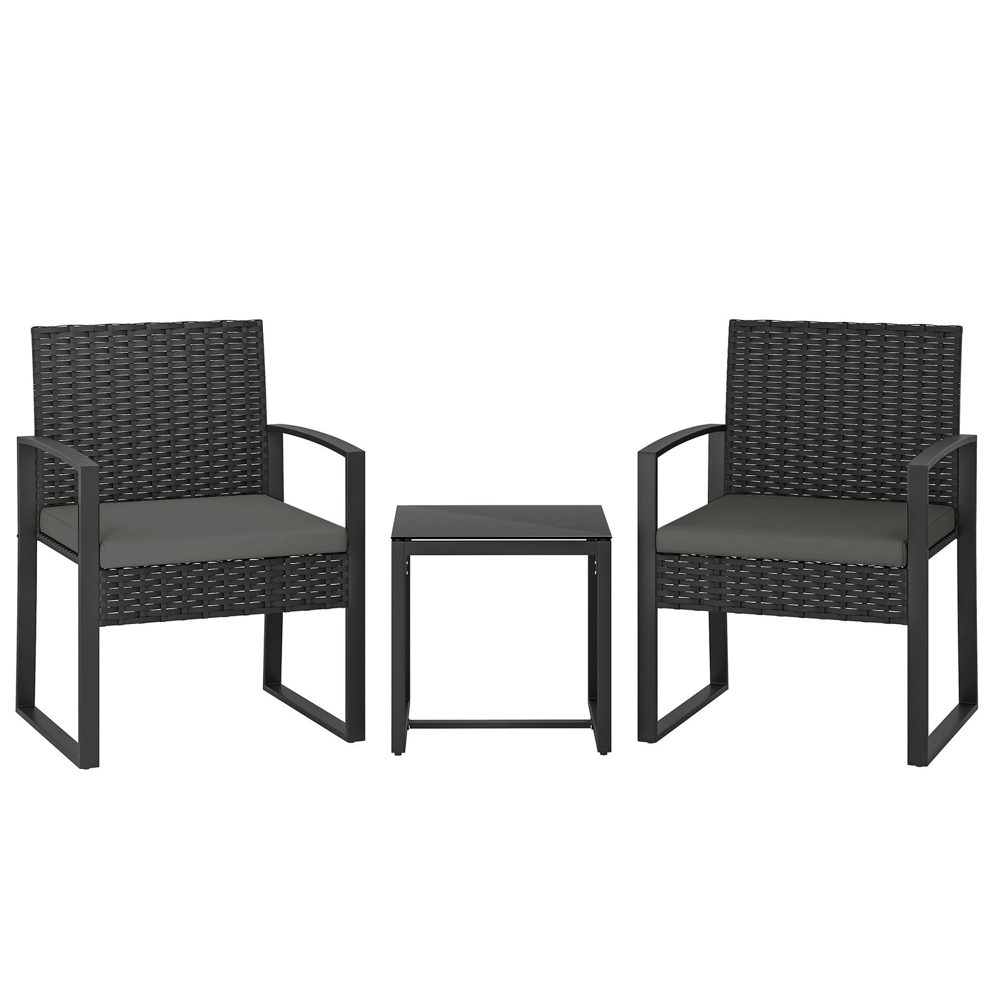 Photo of Outsunny Rattan Bistro Set, 3 Piece Garden Furniture Set with Glass Top Table and Cushions, Dark Grey in Grey colour on a white background