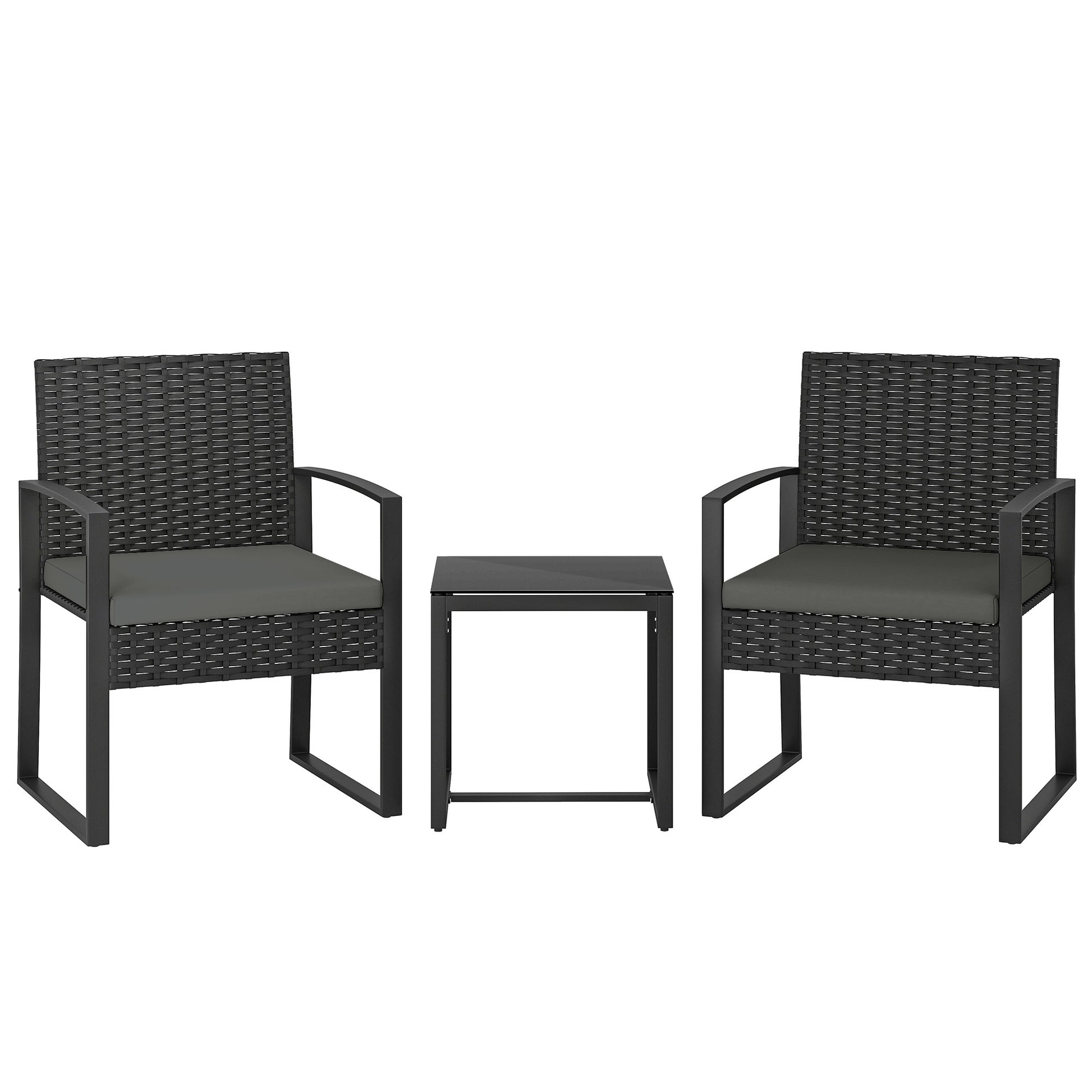 Photo of Outsunny Rattan Bistro Set, 3 Piece Garden Furniture Set with Glass Top Table and Cushions, Dark Grey in Grey colour on a white background