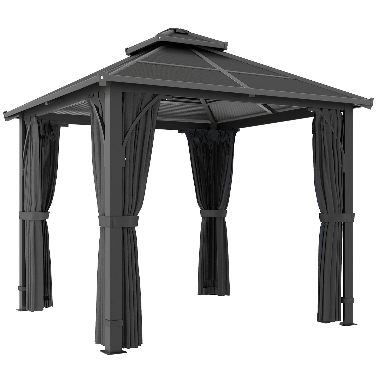 Photo of Outsunny 2.5 x 2.5 m Hardtop Gazebo Canopy with 7mm PC Roof, Garden Gazebo Permanent Pavilion with Netting, Curtains, Dark Grey in Grey colour on a white background