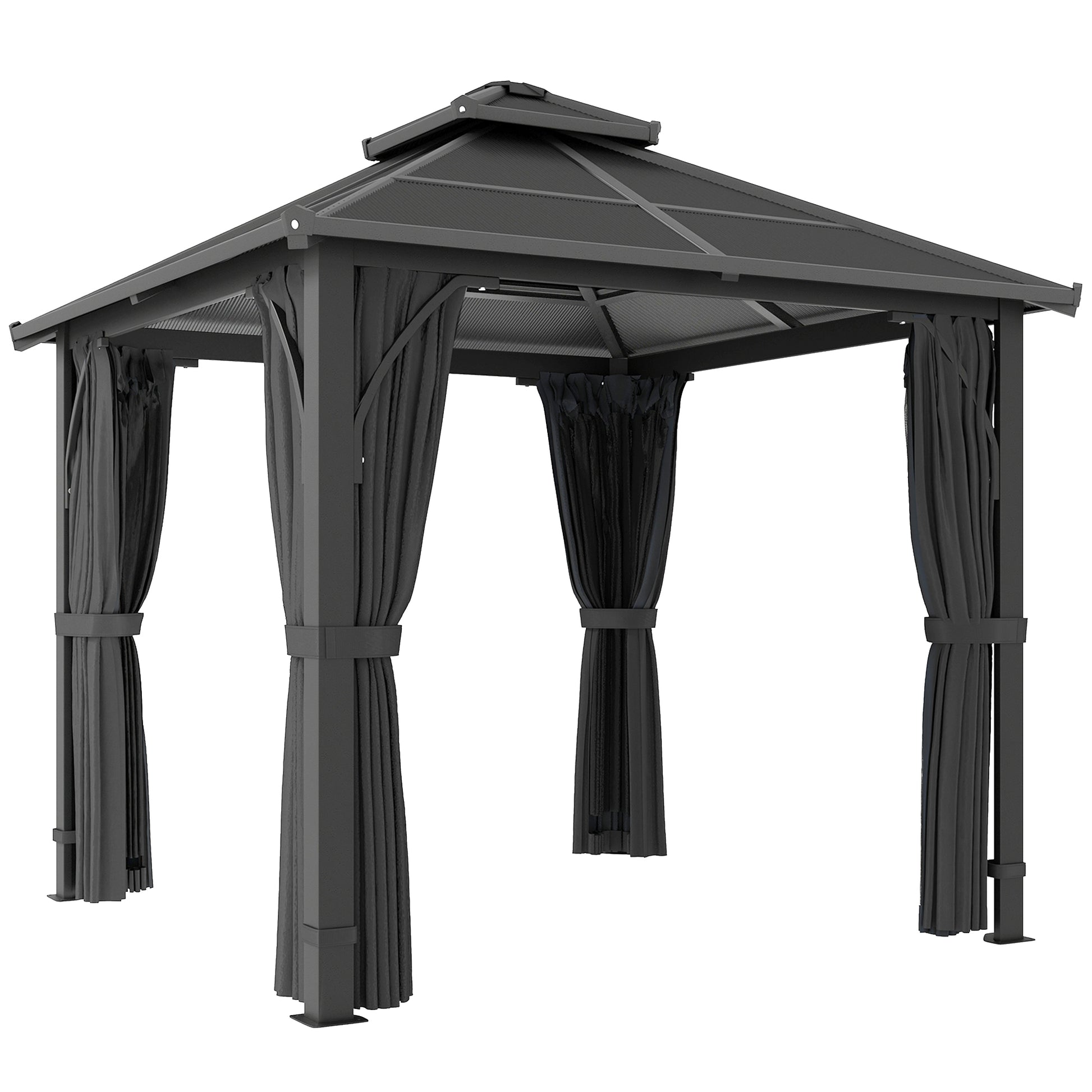 Photo of Outsunny 2.5 x 2.5 m Hardtop Gazebo Canopy with 7mm PC Roof, Garden Gazebo Permanent Pavilion with Netting, Curtains, Dark Grey in Grey colour on a white background