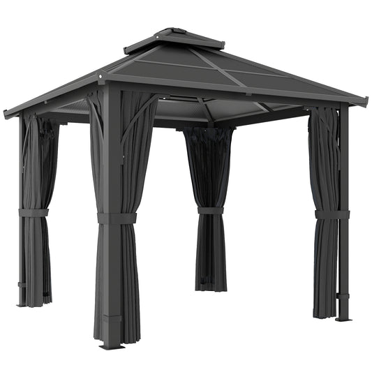 Photo of Outsunny 2.5 x 2.5 m Hardtop Gazebo Canopy with 7mm PC Roof, Garden Gazebo Permanent Pavilion with Netting, Curtains, Dark Grey in Grey colour on a white background