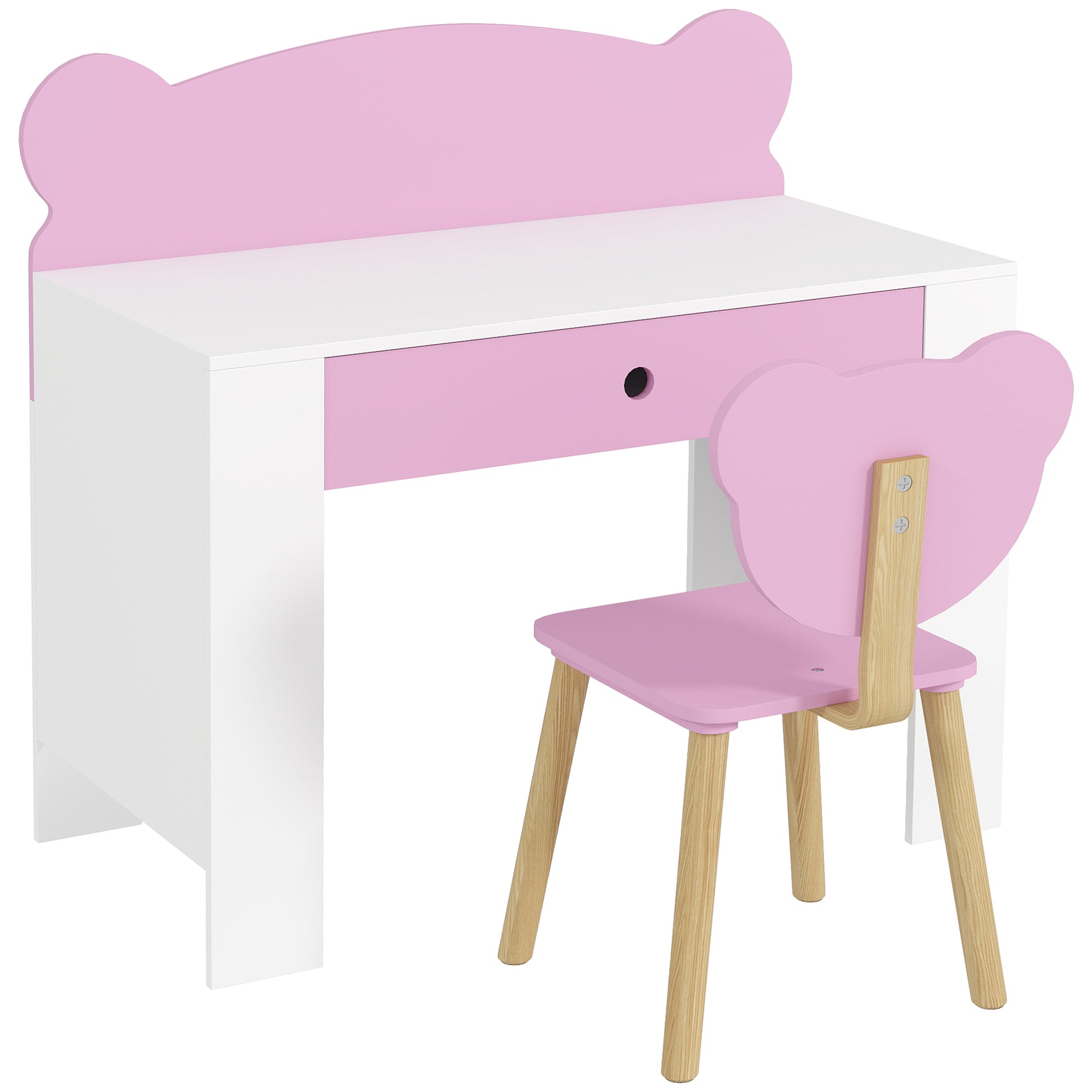 Photo of AIYAPLAY Kids Desk and Chair Set with Drawer for Drawing, Reading, Bear Theme Children Furniture for Bedroom, Daycare, Pink in Pink colour on a white background
