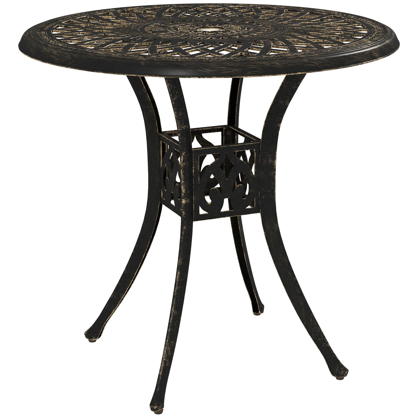 Photo of Outsunny 78 cm Round Garden Dining Table with Parasol Hole Antique Cast Aluminium Outdoor Table Only, Bronze Tone in Tone colour on a white background