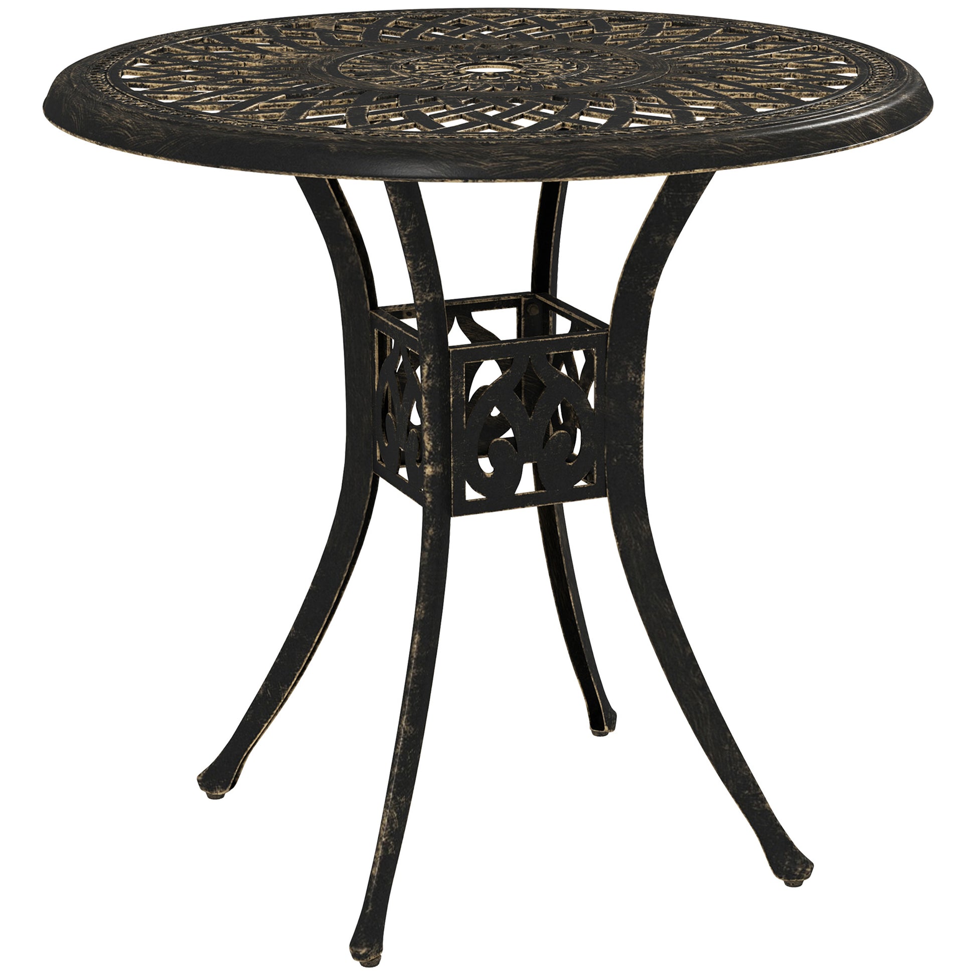 Photo of Outsunny 78 cm Round Garden Dining Table with Parasol Hole Antique Cast Aluminium Outdoor Table Only, Bronze Tone in Tone colour on a white background