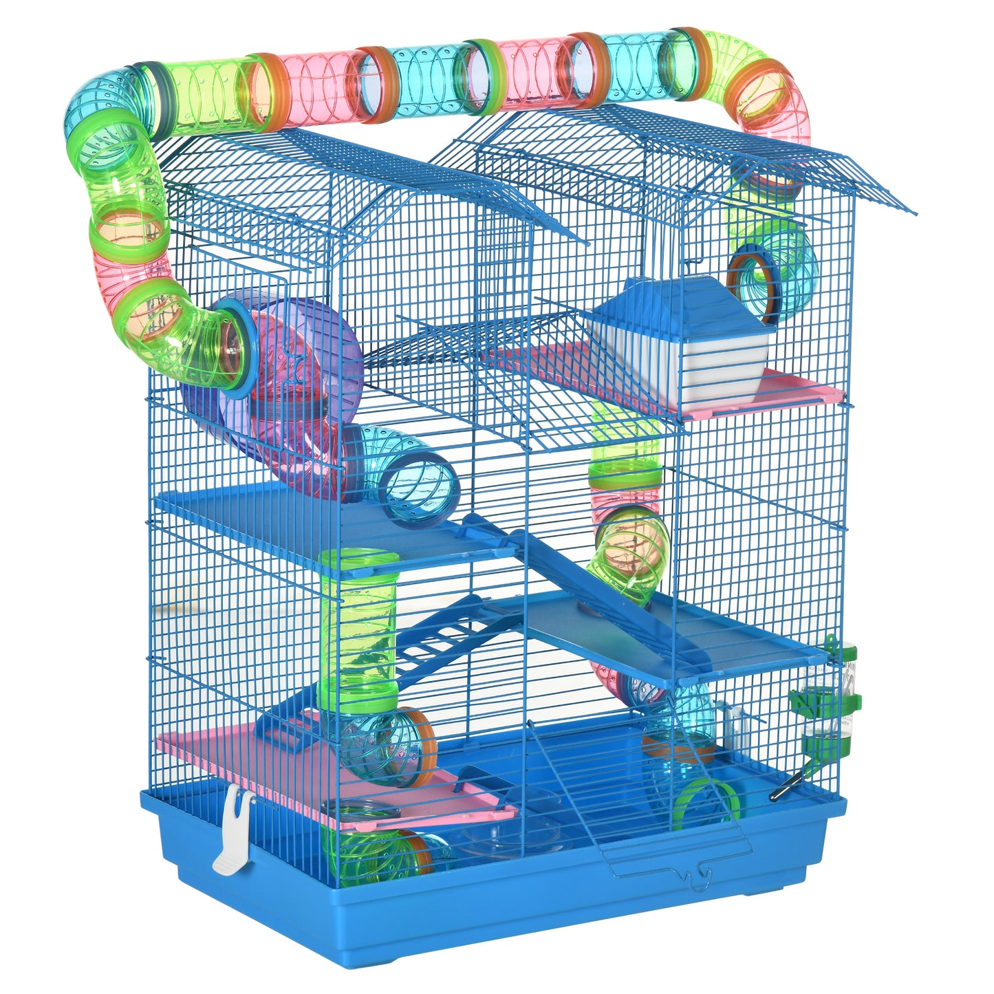 Photo of PawHut Hamster Cage, 5 Tier Carrier Habitat with Exercise Wheels Tunnel Tube Water Bottle Dishes House Ladder, Gerbil Cage for Dwarf Mice, Blue in Blue colour on a white background