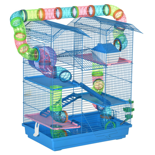 Photo of PawHut Hamster Cage, 5 Tier Carrier Habitat with Exercise Wheels Tunnel Tube Water Bottle Dishes House Ladder, Gerbil Cage for Dwarf Mice, Blue in Blue colour on a white background
