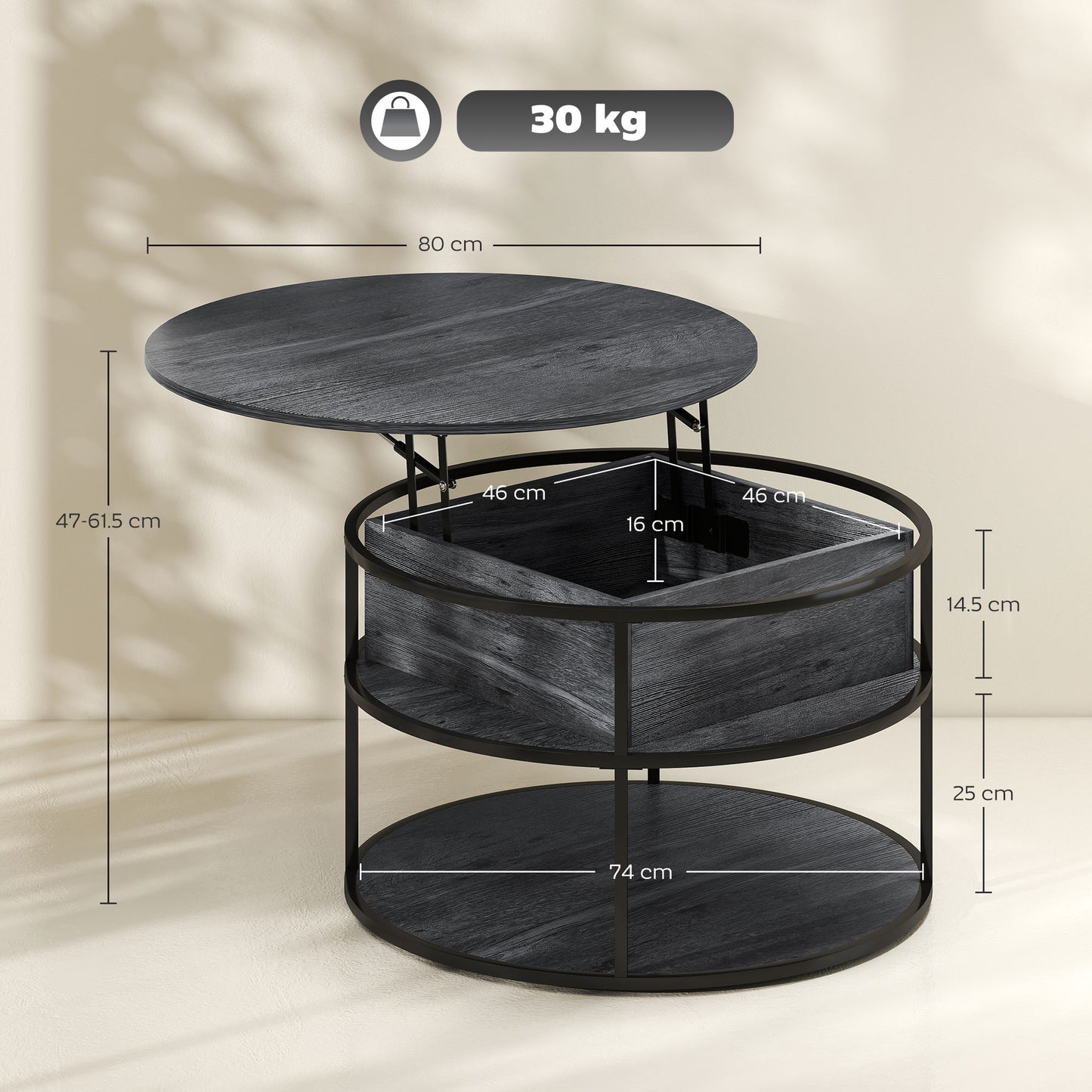 HOMCOM Lift Top Coffee Table, Round Coffee Table with Storage Shelf, Hidden Compartment and Steel Frame for Living Room, Home Office, Charcoal Grey