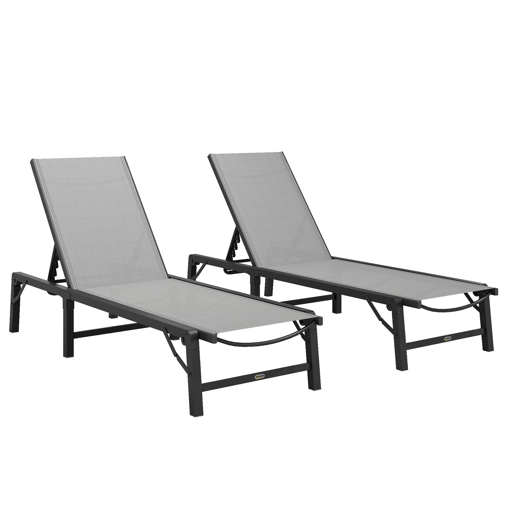 Photo of Outsunny Folding Sun Lounger Set of 2, 5-Position Adjustable Reclining Garden Loungers, Garden Chaise Lounge Sunbed Recliner Chairs with Steel Frame for Beach, Porch, Patio, Camping, Light Grey in Grey colour on a white background