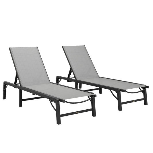 Photo of Outsunny Folding Sun Lounger Set of 2, 5-Position Adjustable Reclining Garden Loungers, Garden Chaise Lounge Sunbed Recliner Chairs with Steel Frame for Beach, Porch, Patio, Camping, Light Grey in Grey colour on a white background