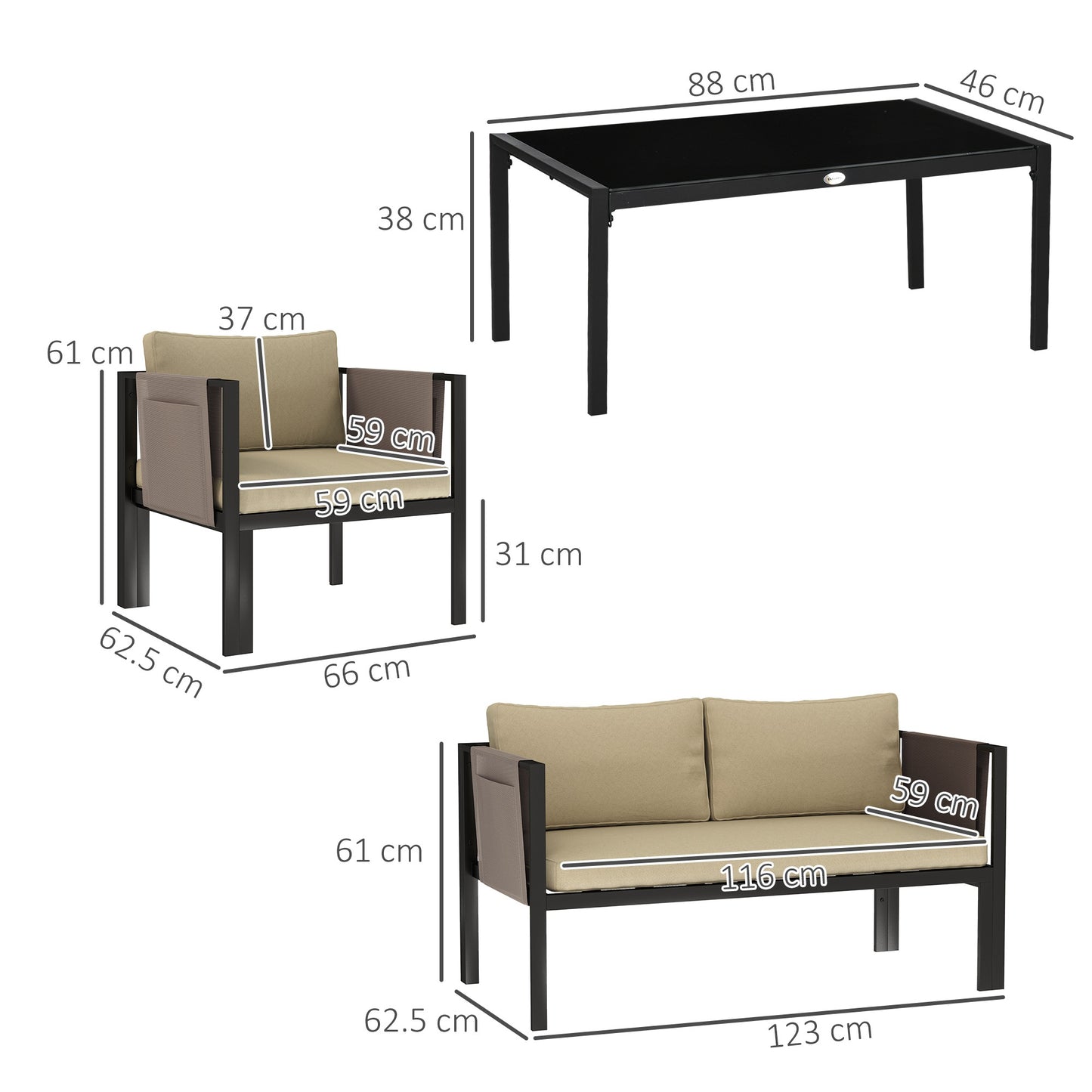 Outsunny 4 Piece Metal Garden Furniture Set with Loveseat, Breathable Texteline Chairs and Glass Coffee Table for Patio, Balcony & Outdoor, Khaki
