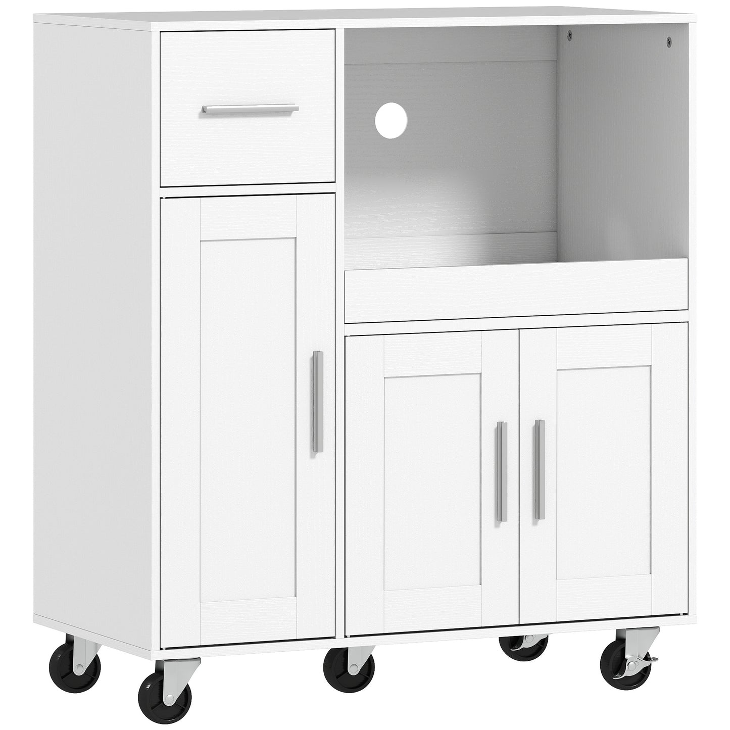 Photo of HOMCOM Rolling Kitchen Cart, Microwave Cabinet with Sliding Tray, Drawer, 3-Door Cupboards, Adjustable Shelf, White in White colour on a white background