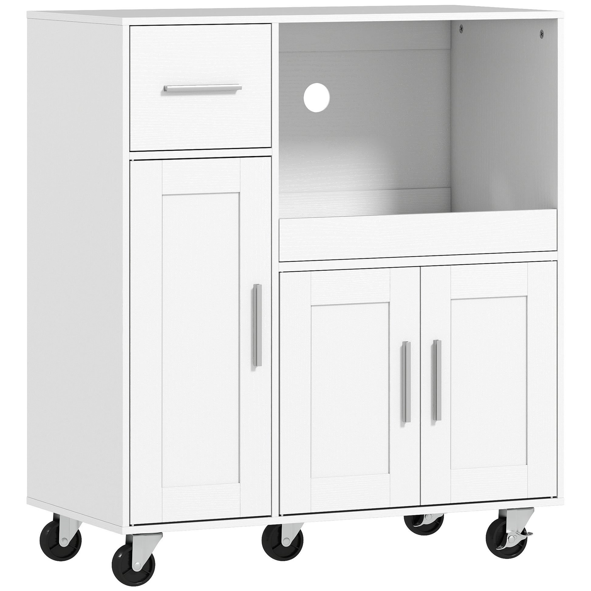 Photo of HOMCOM Rolling Kitchen Cart, Microwave Cabinet with Sliding Tray, Drawer, 3-Door Cupboards, Adjustable Shelf, White in White colour on a white background