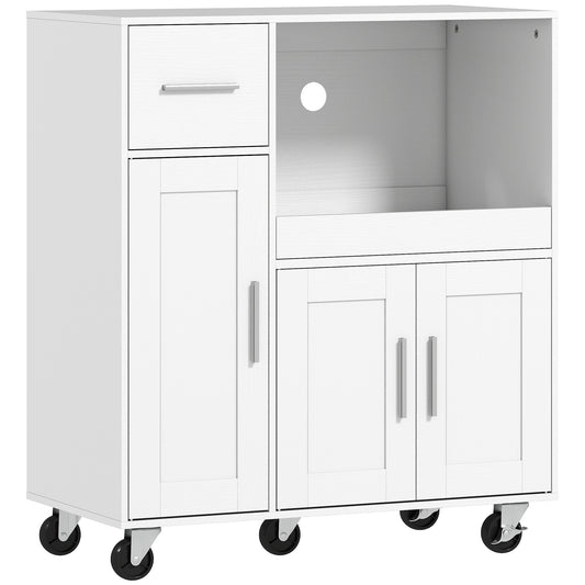 Photo of HOMCOM Rolling Kitchen Cart, Microwave Cabinet with Sliding Tray, Drawer, 3-Door Cupboards, Adjustable Shelf, White in White colour on a white background
