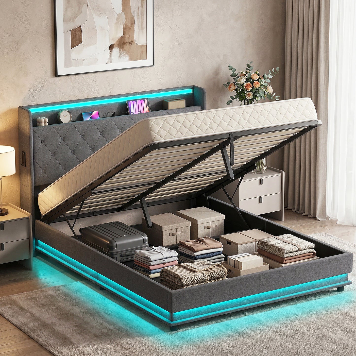 HOMCOM 5ft King Bed Frame with Headboard, Platform Bed Frame with Hydraulic Storage, LED Lights and Charging Station, Grey