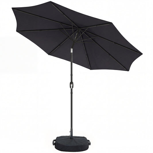 Photo of Outsunny 2.7 m Garden Parasol Umbrella with Cross Base and Sandbag, Retractable Ribs, Outdoor Table Market Umbrella, Black in Black colour on a white background