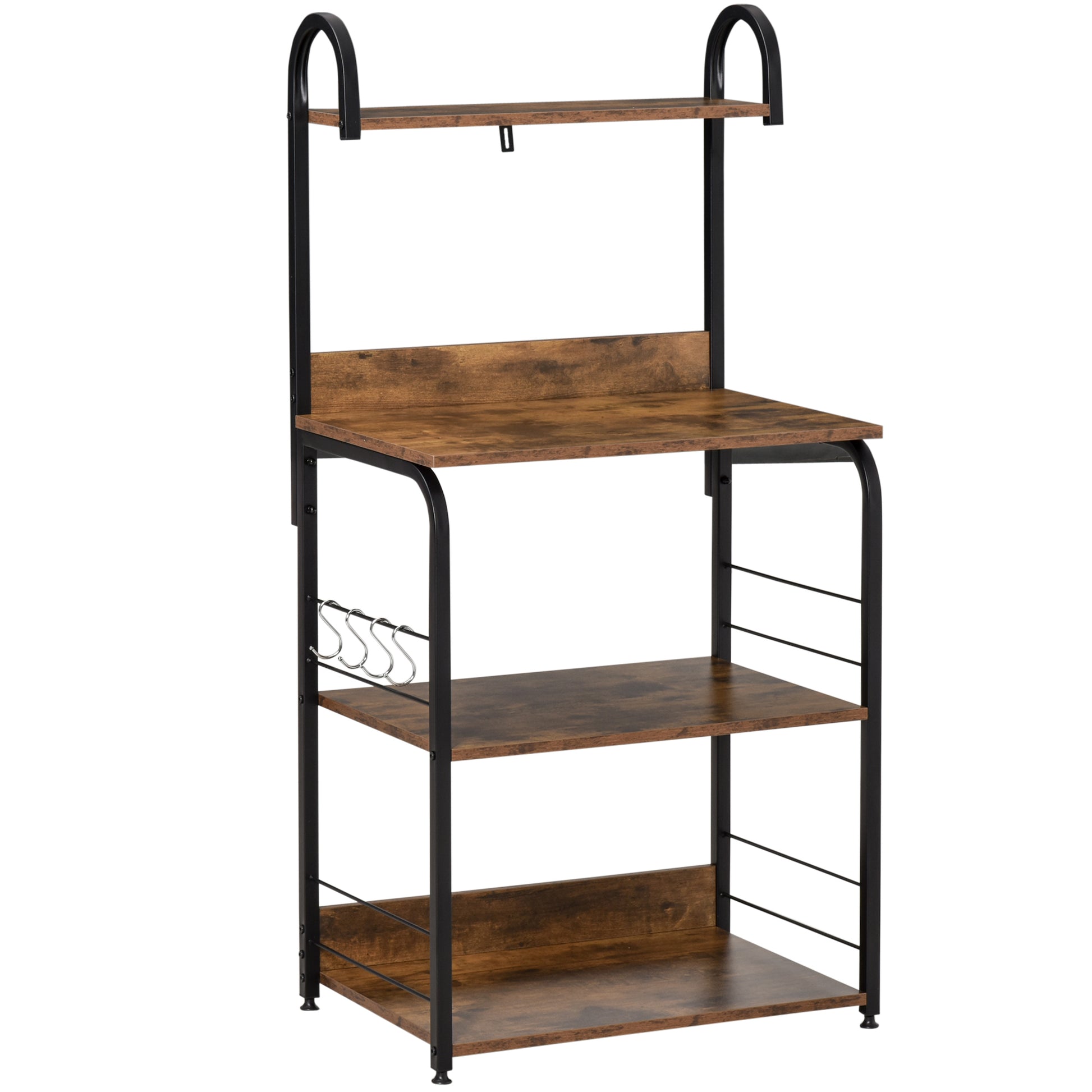 Photo of HOMCOM 4-Tier Baker's Rack, Microwave Stand with 4 Hooks, Kitchen Storage Unit for Spices, Pots and Pans, Rustic Brown in Brown colour on a white background