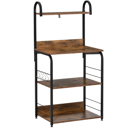 Photo of HOMCOM 4-Tier Baker's Rack, Microwave Stand with 4 Hooks, Kitchen Storage Unit for Spices, Pots and Pans, Rustic Brown in Brown colour on a white background