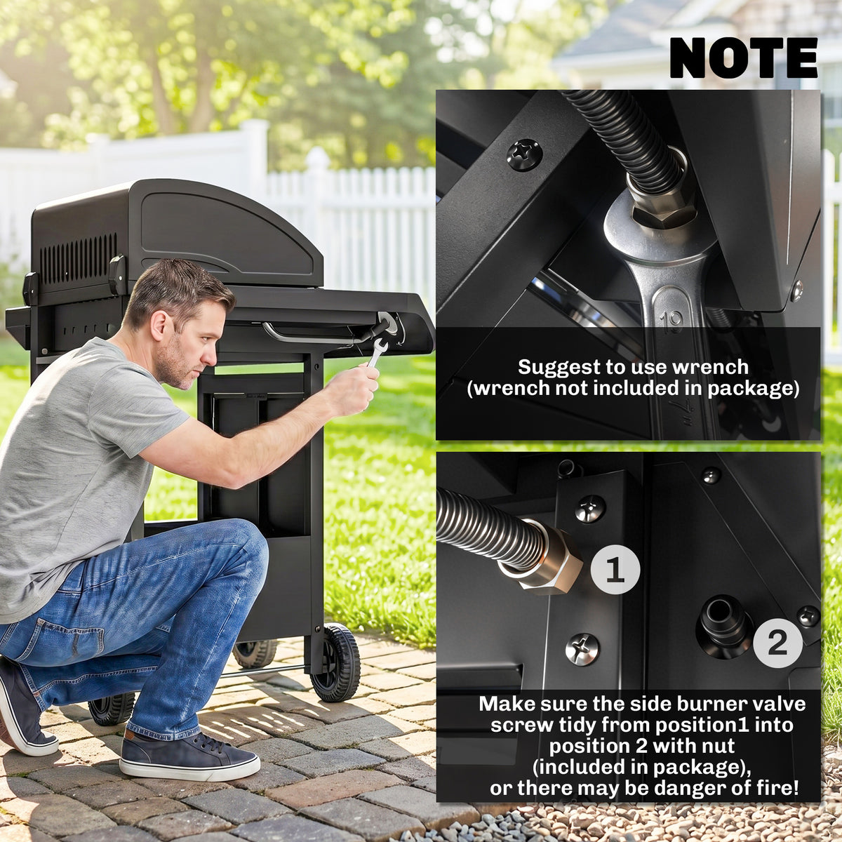 Black gas BBQ grill trolley assembly detail showing side burner valve installation