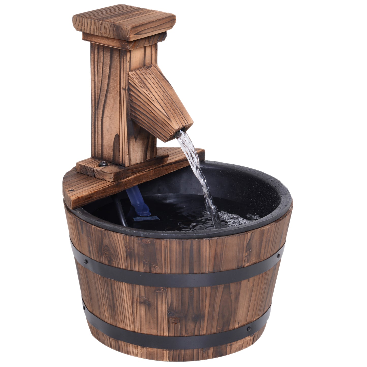 Photo of Outsunny Wood Barrel Patio Water Fountain Garden Decorative Ornament Water Feature with Electric Pump in Pump colour on a white background