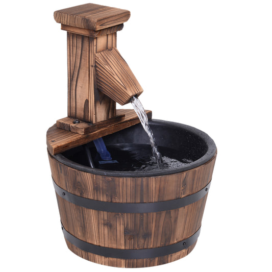Photo of Outsunny Wood Barrel Patio Water Fountain Garden Decorative Ornament Water Feature with Electric Pump in Pump colour on a white background