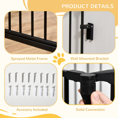 PawHut gate details: metal frame, wall brackets, included screws, and panel connector