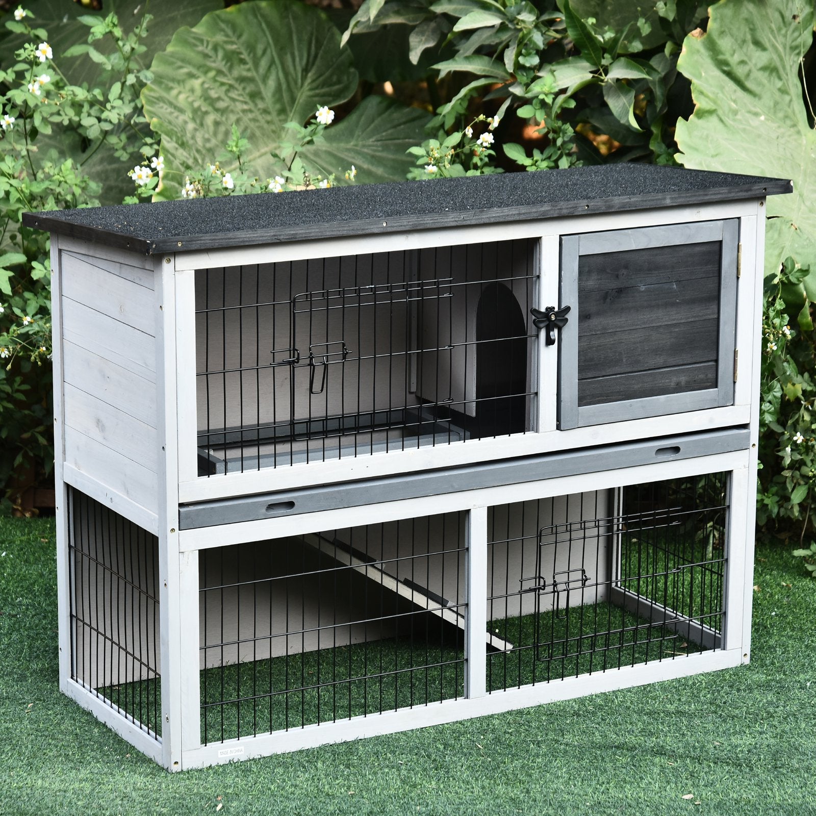 Photo of PawHut Small Animal Two-Level Fir Wood Guinea Pigs Hutches Bunny Cage w/ Slide Out Tray Grey in Grey colour on a white background