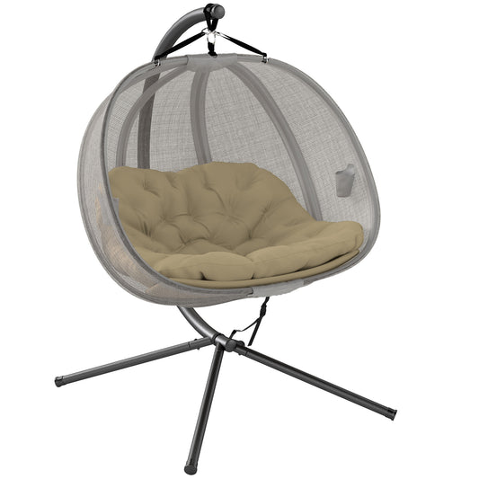 Photo of Outsunny Double Hanging Egg Chair 2 Seaters Texteline Swing Hammock Chair with Stand, Cushion and Folding Design, for Indoor and Outdoor, Brown in Brown colour on a white background