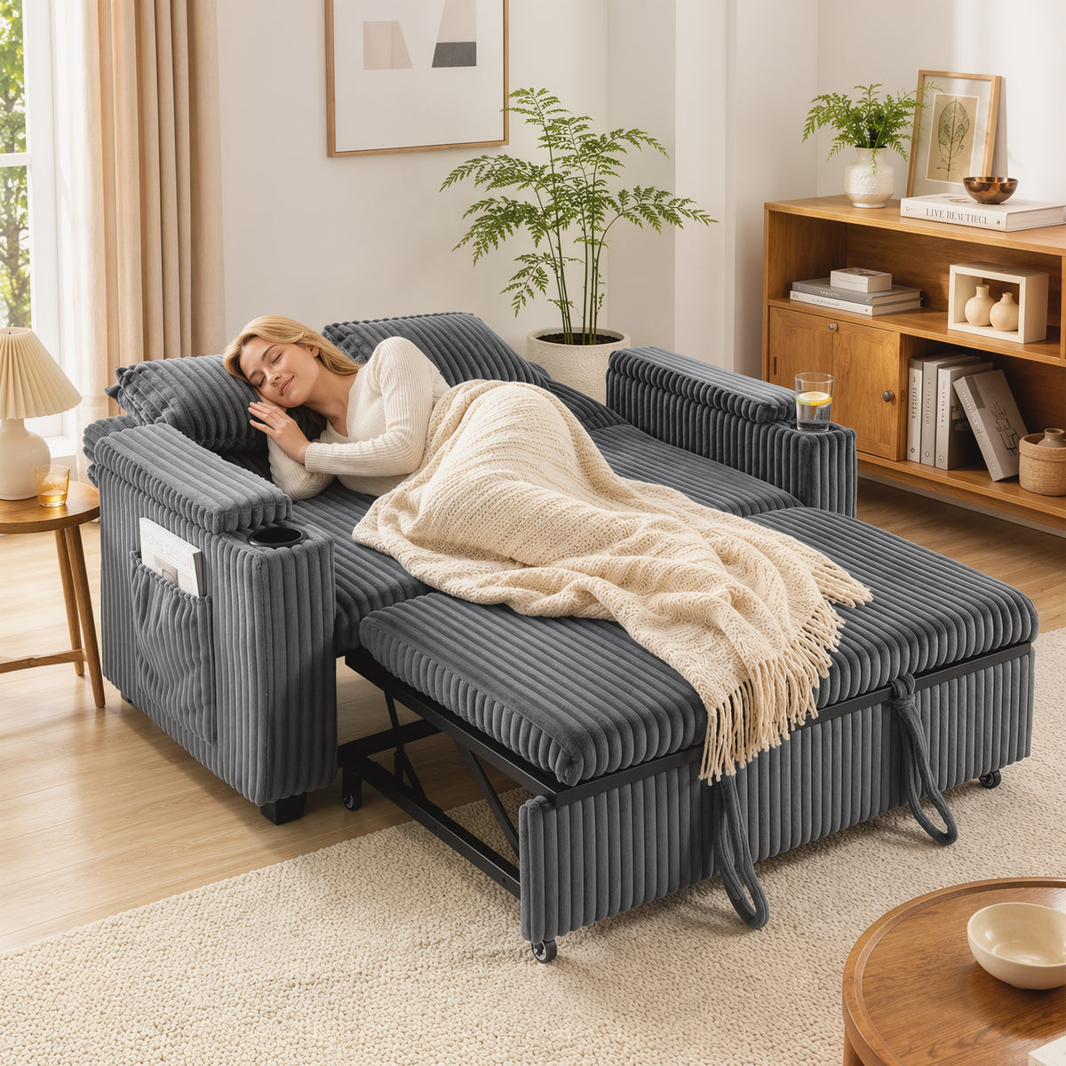 HOMCOM 2 Seater Sofa Bed, Pull Out Sleeper Sofa w/ Adjustable Backrest, Storage Armrests, Cup Holders, Side Pockets, Dark Grey