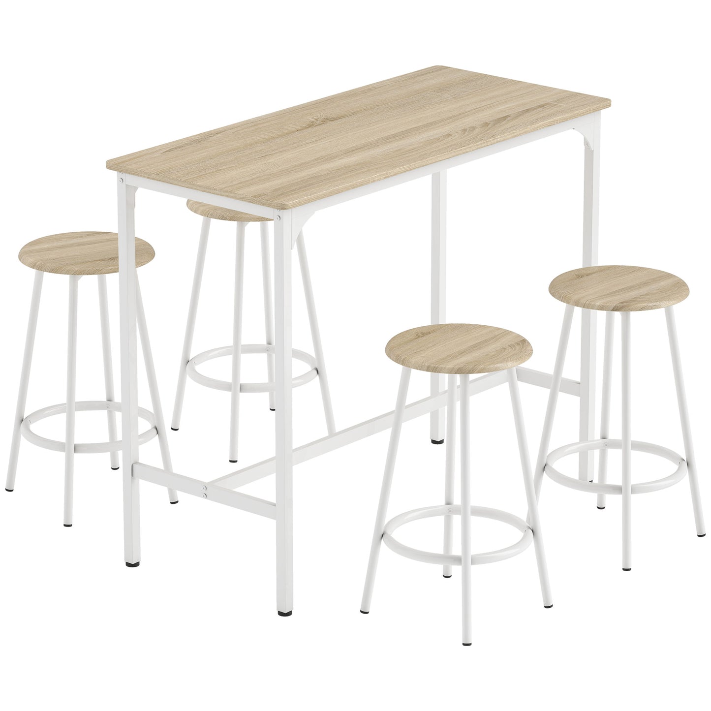 Photo of HOMCOM 5 Piece Bar Table Set for 4 with Stools, Metal Frame, Footrest for Kitchen Natural Wood in Wood colour on a white background